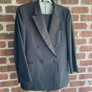 Black Tuxedo, Wool, Double-breasted, Satin Trim, Custom-made. (READ DESCRIPTION)